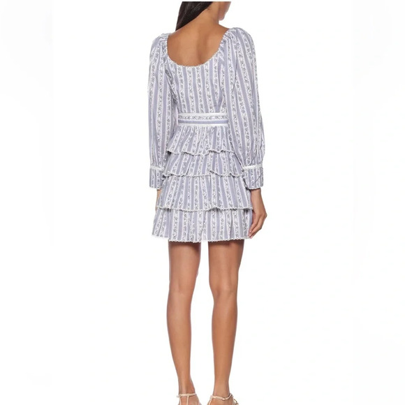 LOVESHACKFANCY Astor Striped Ruffle-Tiered Dress Blue & White Floral Long Sleeve - Picture 2 of 12